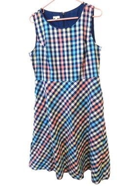 Talbots Sz 12 Plaid Fit & Flare Dress Sleeveless Blue Preppy Classic Checked